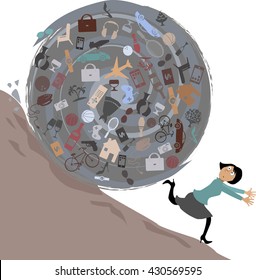 Scared woman running from a huge rolling ball of possessions, EPS 8 vector illustration, no transparencies