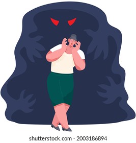 Scared woman and shadow monster behind her. Fear of darkness. Female afraid of spooky ghost with angry red eyes from nightmare, character having panic attack, an imaginary monster shadow silhouette