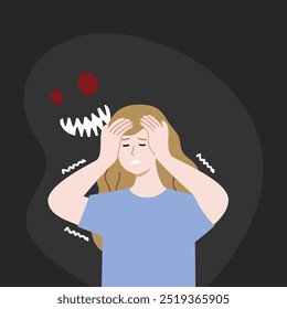 Mulher assustada tremendo com horror sombra escura atrás. Transtorno de pânico, saúde mental, ansiedade, fobia, conceitos de problema psicológico. Ilustração isolada do design de caracteres de vetor plano.