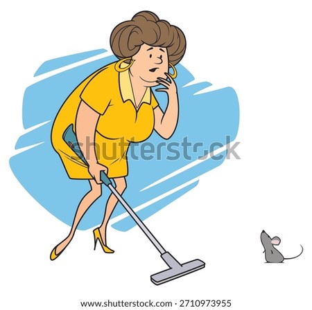 Scared woman shocked by tiny mouse. Funny people. Illustration concept for website and mobile website development.