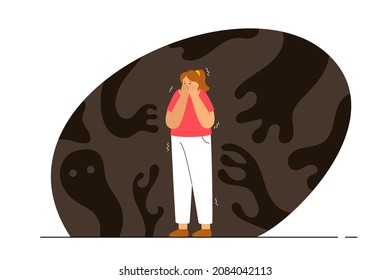 Scared woman standing in the dark shivering. Scary shadows. Person with achluophobia. Phobia, psychological problem, anxiety and mental health concept. Modern flat vector illustration