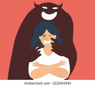 Scared Woman Suffers From Sexual Harassment Or Schizophrenia. Dark Evil Shadow Harassed A Crying Girl. Illustration About Bullying And Abuse. Stop Violence Against Women Concept.