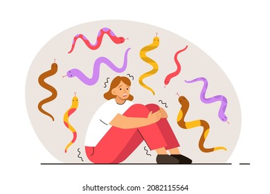 Scared woman surrounded by snakes. Person with ophidophobia. Phobia, psychological problem, anxiety and mental health concept. Modern flat vector illustration