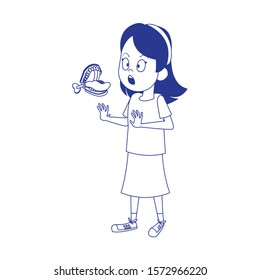 scared woman with teeth practical joke over white background, vector illustration
