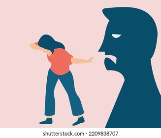 Scared Woman Victim Of Bullying Concept. Shadow Of A Person Blaming And Yelling At A Female Covering Her Face. Stop Verbal Abuse Against Children And Women. Say No To Domestic Violence Prevention.