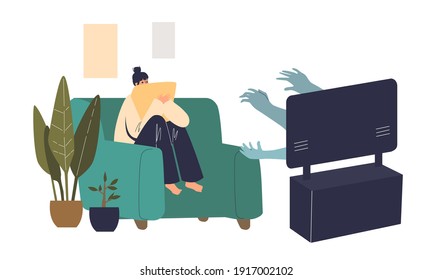Scared Woman Watching Horror Movie At Home Alone Sitting On Coach And Covering With Pillow. Scary Films Watch And Home Entertainment Concept. Cartoon Flat Vector Illustration