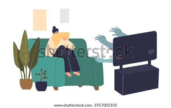 Scared woman\
watching horror movie at home alone sitting on coach and covering\
with pillow. Scary films watch and home entertainment concept.\
Cartoon flat vector\
illustration