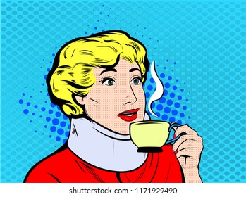 Scared Woman Wearing Neck Brace, Cervical Collar Neck Support holding morning cup of Tea or Coffee. Retro lady with cafe mug. Vector Illustration In Retro Vintage Pop Art Comic Style