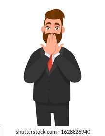 Scared young businessman covering mouth with hands. Shocked trendy person keeping fingers on lips. Human emotions & facial expressions. Modern lifestyle concept illustration in vector cartoon style.