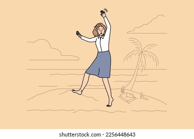 Scared young businesswoman on deserted island wave hand ask for help. Stressed female employee lost in nature beg for aid, show rescue or SOS gesture. Vector illustration. 