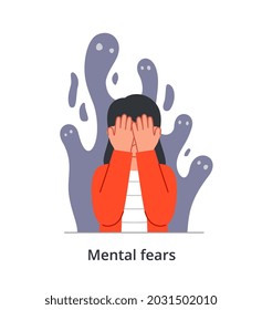 Schrecken erregende junge weibliche Persönlichkeit, die mentale Ängste hat, bedeckt ihr Gesicht vom Monster hinter weißem Hintergrund. Menschen, die mit psychischer Störung kämpfen. Flaches Cartoon, Vektorgrafik