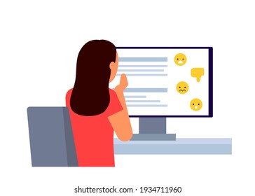 Scared young girl sitting online social media in front of computer back view, and see bully, dislike, mockery. Problem harassment, cyber bulling, victim and troll. Vector illustration