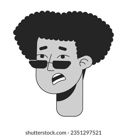 Scared young man with afro curls monochrome flat linear character head. Editable outline hand drawn human face icon. 2D cartoon spot vector avatar illustration for animation