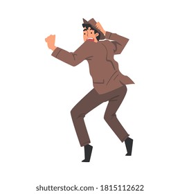 Scared Young Man in Brown Suit and Fedora Hat, Shocked Guy with Fear Expression on His Face Cartoon Style Vector Illustration