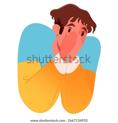 Scared young man covers his face with his hands in a fit of emotion. Fright, delight or strong surprise. Non-verbal gestures, body language and psychology concept