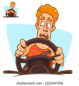 Scared Young Man Driving. Student Driver In A Panic. Cartoon Illustration