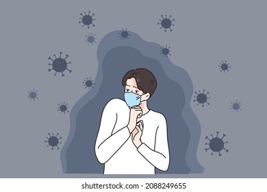 Scared young man in facemask afraid of covid-19 infection. Terrified guy in facial mask frustrated with corona virus spread. Coronavirus pandemics. Healthcare and medicine. Vector illustration. 