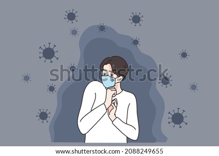 Scared young man in facemask afraid of covid-19 infection. Terrified guy in facial mask frustrated with corona virus spread. Coronavirus pandemics. Healthcare and medicine. Vector illustration. 