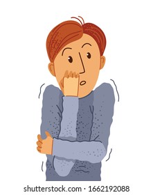 Scared young man feeling uncomfortable vector illustration, phobia paranoia anxiety or other psychical and psychological problems concept, bad emotions.