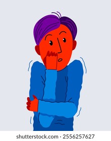 Scared young man feeling uncomfortable vector illustration, phobia paranoia anxiety or other psychical and psychological problems concept, bad emotions.