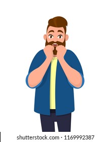 Scared young man holding hands near face. Emotions and body language concept. Person is terrified or shocked. Maybe he saw something frightening. Vector illustration cartoon style.