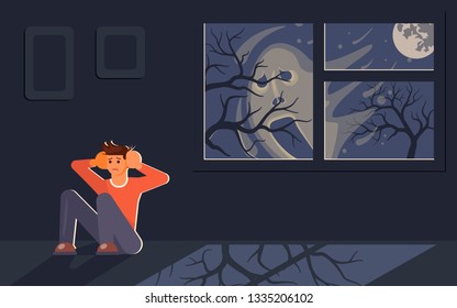 Scared young man sitting on floor and hiding from frightening blurry face outside. Shadow of a ghost behind the window. Flat Art Vector illustration