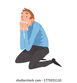 Scared Young Man Sitting on the Floor on His Knees with Hands on Face, Anxiety or Panic Attack, Stressed or Depressed Nervous Person Vector Illustration