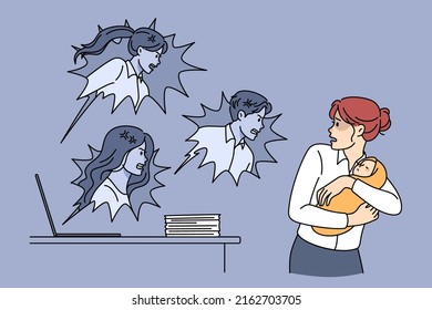 Scared Young Mother With Baby Infant Stressed With Internet Criticism. Online User Blaming And Bullying Mom With Newborn. Social Pressure And Comments Concept. Vector Illustration.