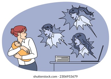 Scared young mother with baby infant stressed with internet criticism. Online user blaming and bullying mom with newborn. Social pressure and comments concept. Vector illustration.