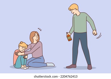 Scared Young Mother Protect Kid From Drunk Father. Loving Terrified Mom And Little Child Afraid Of Man With Bottle In Hand. Domestic Violence. Vector Illustration. 