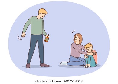 Scared young mother protect kid from drunk father. Loving terrified mom and little child afraid of man with bottle in hand. Domestic violence. Vector illustration.