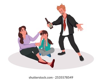 Scared young mother protect kid from drunk father. Loving terrified mom and little child afraid of man with bottle in hand. Domestic violence. Vector illustration.