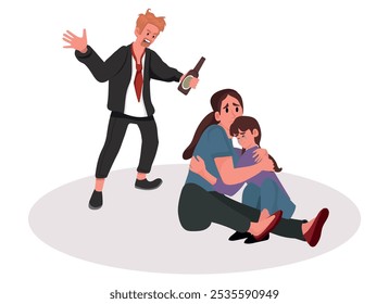 Scared young mother protect kid from drunk father. Loving terrified mom and little child afraid of man with bottle in hand. Domestic violence. Vector illustration.