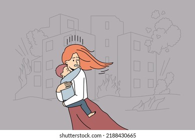 Scared Young Woman With Child In Hands Running From Bombs In City. Terrified Mother With Kid Escape Burning House On Fire. Vector Illustration. 