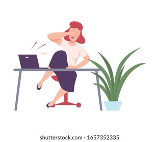 Scared Young Woman Covering with Hand her Eyes while Looking at her Laptop Computer Flat Vector Illustration