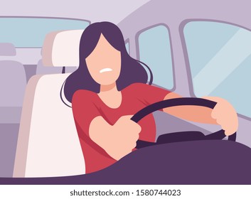 Scared Young Woman Driving a Car, View from the Inside, Female Driver Character Holding Hands on a Steering Wheel Vector Illustration