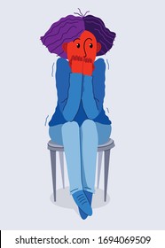 Scared young woman feeling uncomfortable vector illustration, phobia paranoia anxiety or other psychical and psychological problems concept, bad emotions.