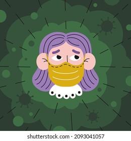 Scared young woman (girl) in the mask and viruses on a green background. Vector illustration.