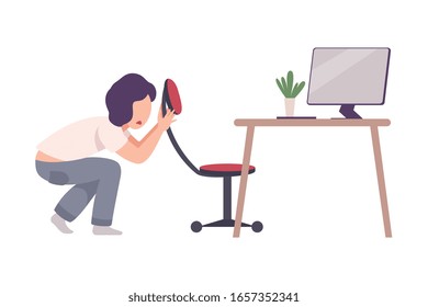 Scared Young Woman Hiding Behind Chair while Looking at Computer Screen Flat Vector Illustration