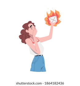 Scared Young Woman Holding Blazing Envelope Cartoon Style Vector Illustration