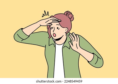 Scared young woman look in distance searching for something. Astonished female feel frustrated and panicking make hand gesture. Discovery and exploration. Vector illustration. 