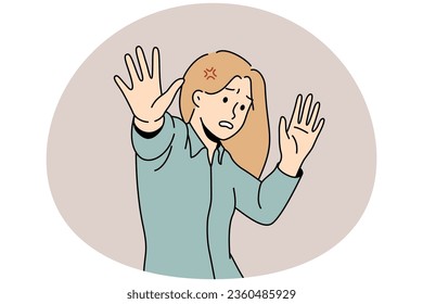 Scared young woman make stop hand gesture feeling danger or confusion. Unhappy female feel panic attack terrified frightened by something. Vector illustration.