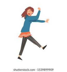 Scared Young Woman Running with Fear Expression, Emotional Frightened Girl Character Vector Illustration