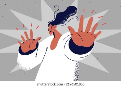 Scared young woman show no hand gesture. Terrified female feel frightened and stressed ask to stop. Emotion and fear concept. Vector illustration. 