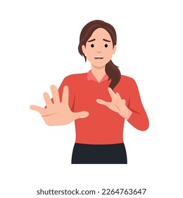 Scared young woman show no hand gesture. Terrified female feel frightened and stressed ask to stop. Emotion and fear concept. Flat vector illustration isolated on white background