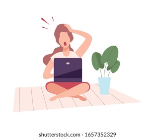 Scared Young Woman Sitting on the Floor with Crossed Legs Looking into the Computer Screen Flat Vector Illustration