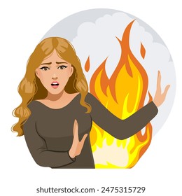 Mujer joven asustada permanece contra el fuego, Ilustración vectorial conceptual, eps10