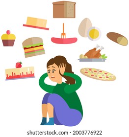 Scared young woman surrounded by junk food. Person is terrified or shocked due to seeing frightening unhealthy products. Lady is sitting and trembling due to fear. Fear of weight gain and obesity