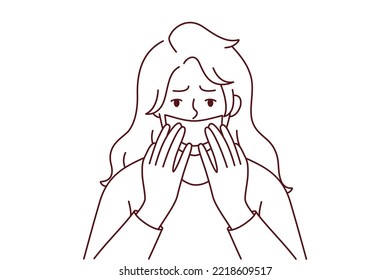 Scared young woman with tape on mouth suffer from speech censorship. Terrified female have freedom of speech limitation. Discrimination and harassment. Vector illustration.