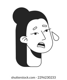 Scared young woman with tears flat line monochromatic vector character head. Mental breakdown. Editable outline avatar icon. 2D cartoon line spot illustration for web graphic design, animation